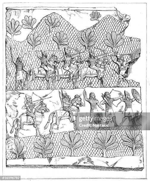 assyrische krieger (c.700 bc), antiken relief - sumerian art stock-grafiken, -clipart, -cartoons und -symbole