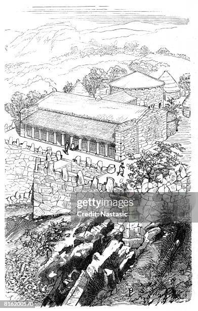 house of a pelasgian nobleman, visual reconstruction - landscape maintenance stock illustrations