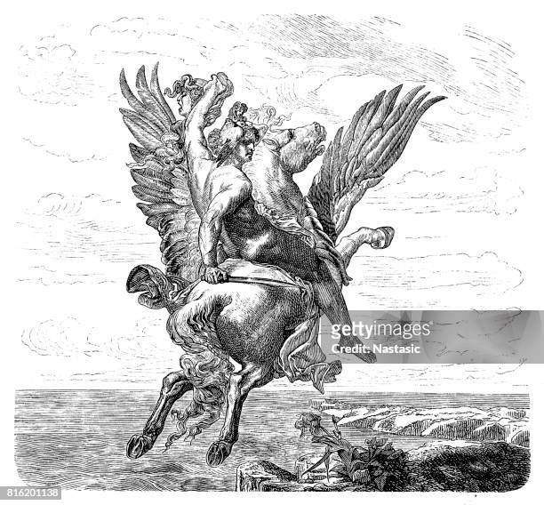 engraving of hero perseus riding pegasus - mythological character stock illustrations