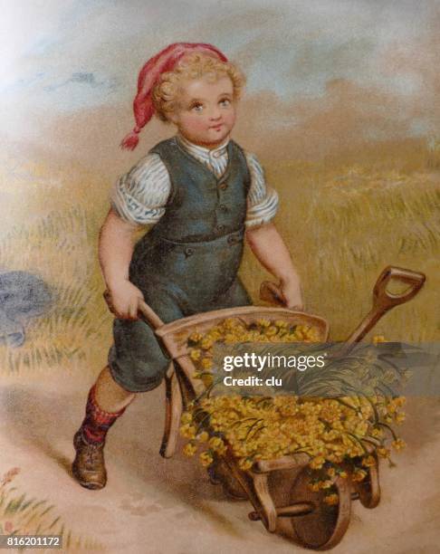 ilustrações de stock, clip art, desenhos animados e ícones de blond boy pushing a wheelbarrow full with golden flowers - 1891