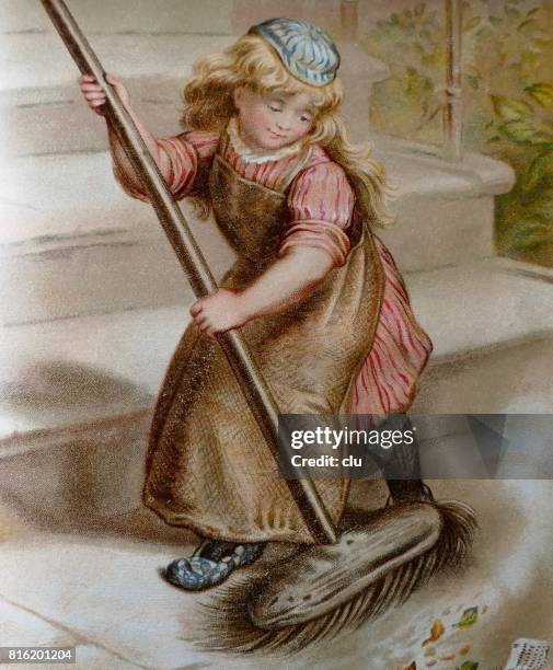 blond girl with long hair sweeping the staircase with large broom - kid sweeping stock illustrations
