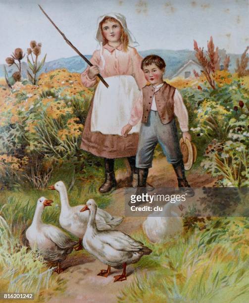 ilustrações de stock, clip art, desenhos animados e ícones de brother and sister bringing home the geese - 1891