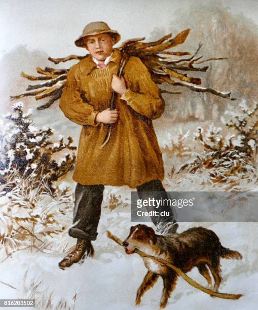 man bringing home firewood on his shoulders, dog running aside - 1891 stock illustrations