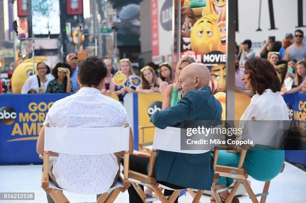 Actors Jake T. Austin, Patrick Stewart and Maya Rudolph of The Emoji Movie Celebrates World Emoji Day On Good Morning America on July 17, 2017 in New...