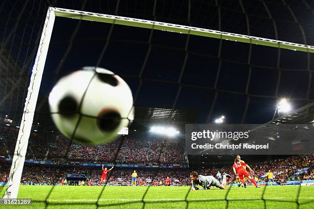 Andrei Arshavin of Russia scores his teams second goal during the UEFA EURO 2008 Group D match between Russia and Sweden at Stadion Tivoli Neu on...