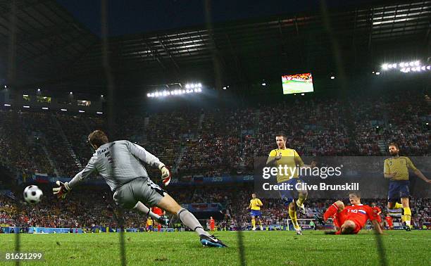 Andrei Arshavin of Russia scores his teams second goal during the UEFA EURO 2008 Group D match between Russia and Sweden at Stadion Tivoli Neu on...