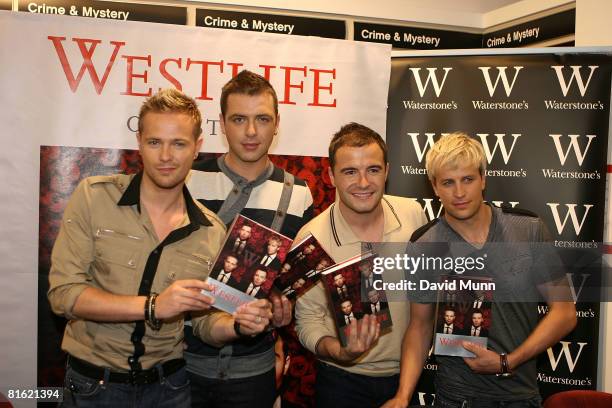 Nicky Byrne, Mark Feehily, Shane Filan and Kian Egan at the booksigning Signs Westlife: The Autobiography at Waterstone's on June 18, 2008 in...