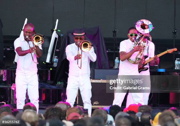 Hypnotic Brass Ensemble performs at Huntington Bank Pavilion at Northerly Island on July 8, 2017 in Chicago, Illinois.