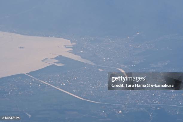 mutsu city in aomori prefecture daytime aerial view from airplane - mutsu stock pictures, royalty-free photos & images