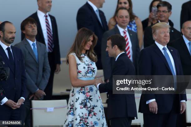 President Donald Trump and his wife Melania Trump, French President Emmanuel Macron During the traditional Bastille day military parade on the...