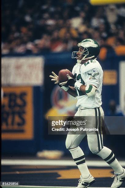 Running back Vai Sikahema of the Philadelphia Eagles catches a kickoff against the New Orleans Saints at the Superdome in the 1992 NFC Wild Card Game...
