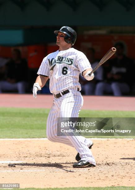 Dan Uggla of the Florida Marlins bats during a MLB game against the Cincinnati Reds on June 8, 2008 in Miami. Florida.