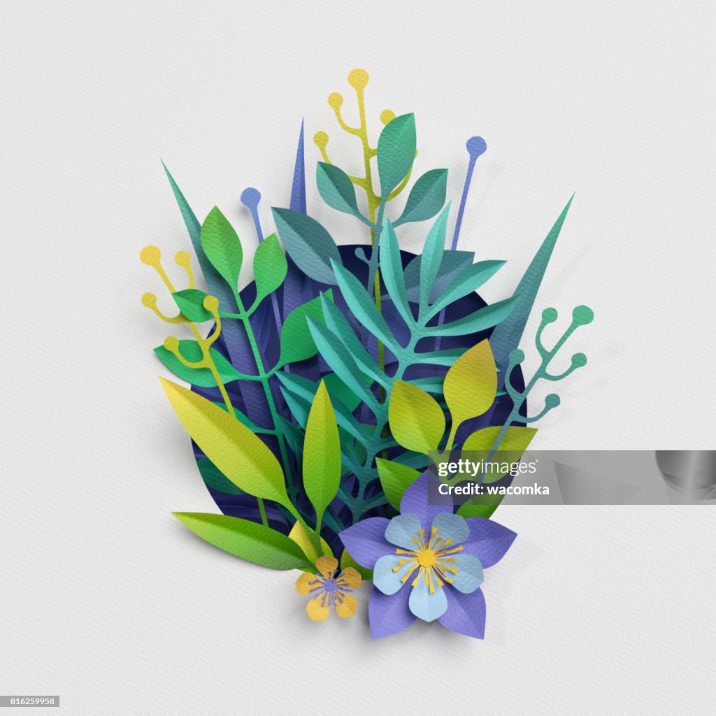 3d render, paper cut decor, meadow flowers and herbs,earth day greeting card, isolated botanical clip art elements