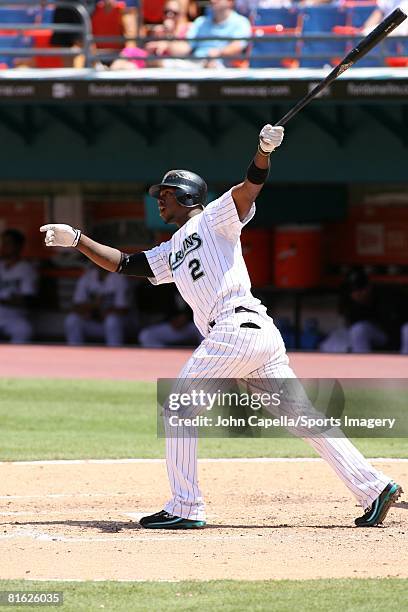 Hanley Ramirez of the Florida Marlins bats during a MLB game against the Cincinnati Reds on June 8, 2008 in Miami. Florida.