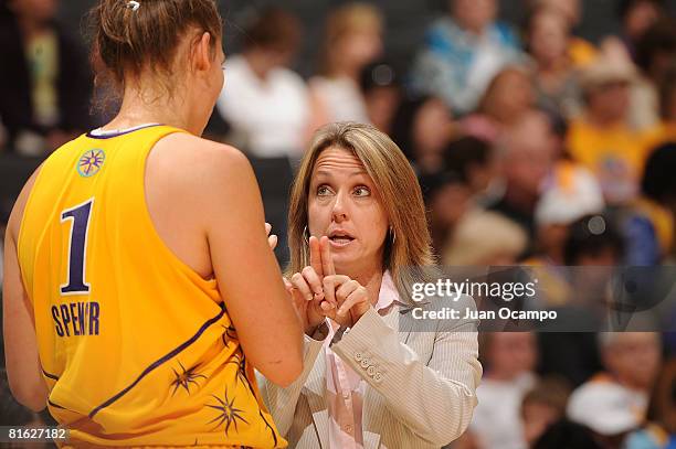 Assistant Coach Laura Beeman talks to Sidney Spencer of the Los Angeles Sparks during the game against the Chicago Sky on June 18, 2008 at Staples...
