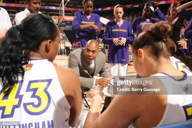 Head coach Corey Gaines of the Phoenix Mercury coaches his team against the Connecticut Sun at U.S. Airways Center June 18, 2008 in Phoenix, Arizona....