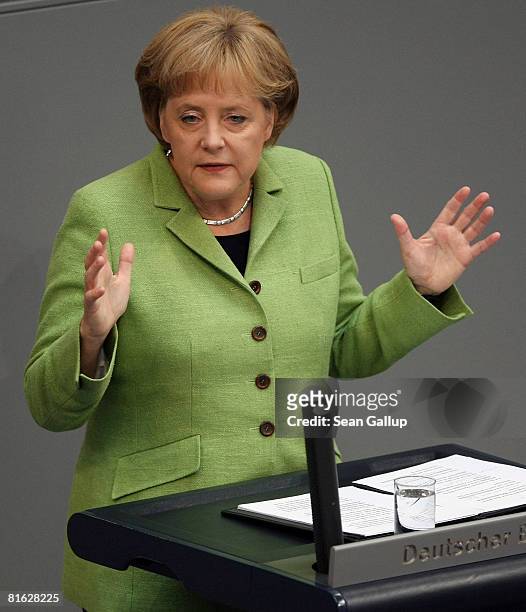 German Chancellor Angela Merkel gives a government declaration on the future of the European Union's faltering reform treaty at the Bundestag on June...