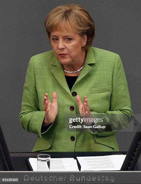 German Chancellor Angela Merkel gives a government declaration on the future of the European Union's faltering reform treaty at the Bundestag on June...