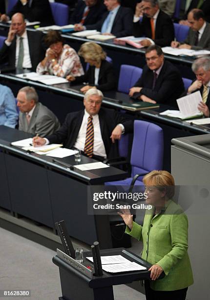 German Chancellor Angela Merkel gives a government declaration on the future of the European Union's faltering reform treaty at the Bundestag as...