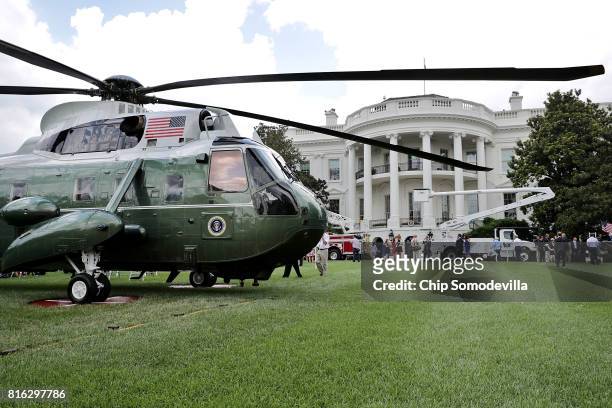 Sikorsky VH-3D Sea King, one of the helicopters used by Marine Corps Helicopter Squadron One to transport the President of the United States, is part...