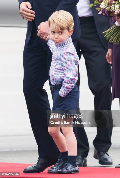 Prince George of Cambridge arrive at Warsaw airport during an official visit to Poland and Germany on July 17, 2017 in Warsaw, Poland.