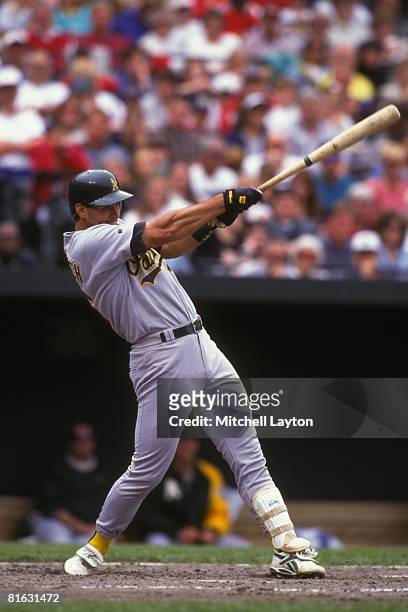 Terry Steinbach of the Oakland Athletics bats during a baseball game against the Baltimore Orioles on May 1, 1996 at Camden Yards in Baltimore,...