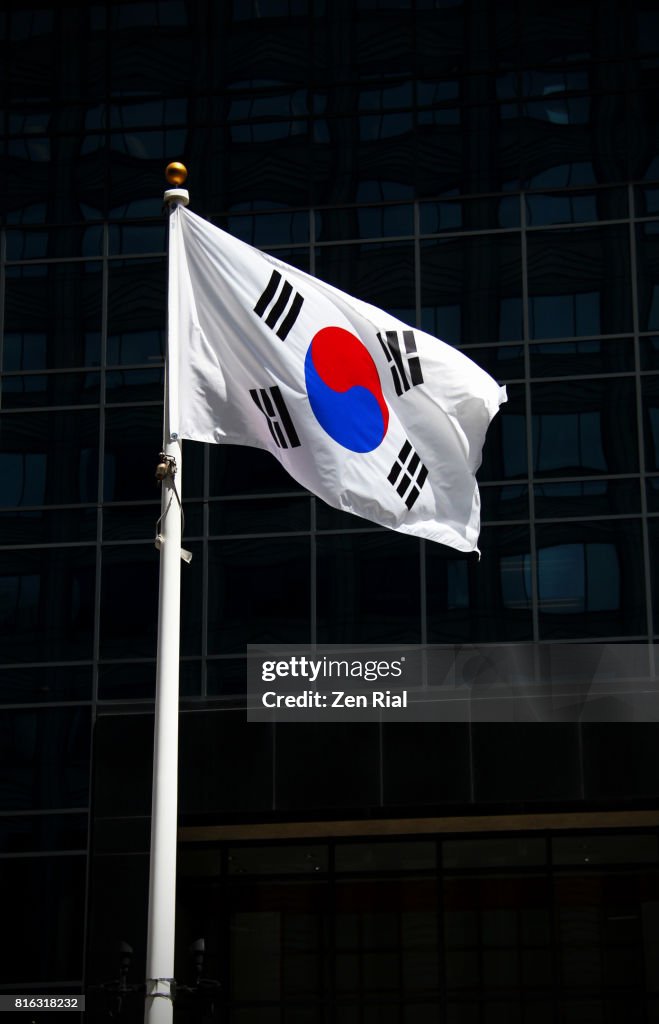 South Korean National flag waving with the breeze on a flag pole against dark background