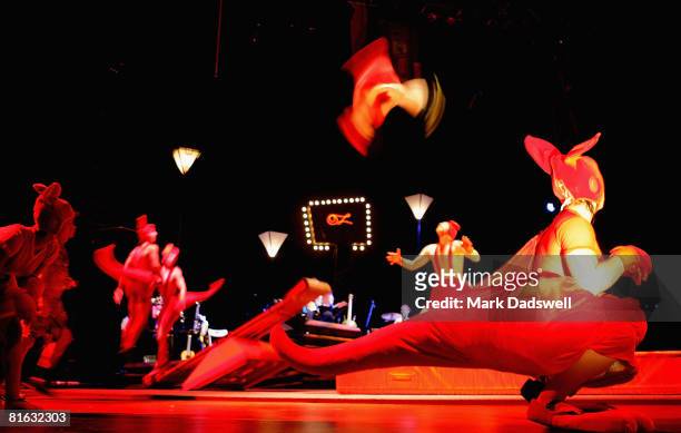Acrobats in Kangaroo outfits spring from the "Teeterboard" during the media call for the Circus Oz "30th Birthday Bash" at Birrarung Marr on June 19,...