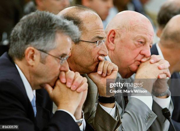 Alan Marzelli, president and COO of the Jockey Club, Richard Shapiro, chairman of the California Horse Racing Board, Jack Van Berg, listen to...