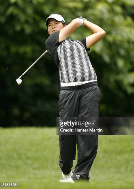 Yani Tseng of Taiwan hits her tee shot on the 9th hole during the first round of the Wegmans LPGA at Locust Hill Country Club on June 19, 2008 in...