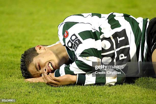 Cristiano Ronaldo lies injured playing for Sporting Lisbon aged 17, January 30 before his transfer to the English Premiership team Manchester United.