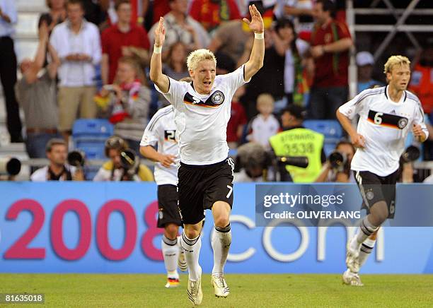 German midfielder Bastian Schweinsteiger celebreates after scoing Germany's second goal during the Euro 2008 Championships quarter-final match...