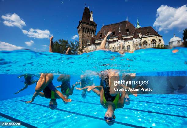 The People's Republic of Korea practice in front of the Vajdahunyad Castle ahead of the Synchronised Swimming Team Technical, preliminary round on...