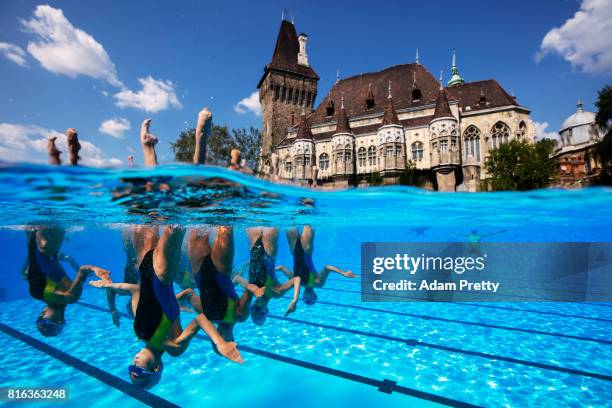 The People's Republic of Korea practice in front of the Vajdahunyad Castle ahead of the Synchronised Swimming Team Technical, preliminary round on...