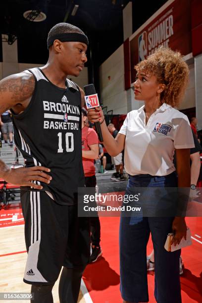 Archie Goodwin of the Brooklyn Nets speaks to Rosalyn Gold-Onwude during the 2017 Las Vegas Summer League on July 7, 2017 at the Cox Pavilion in Las...