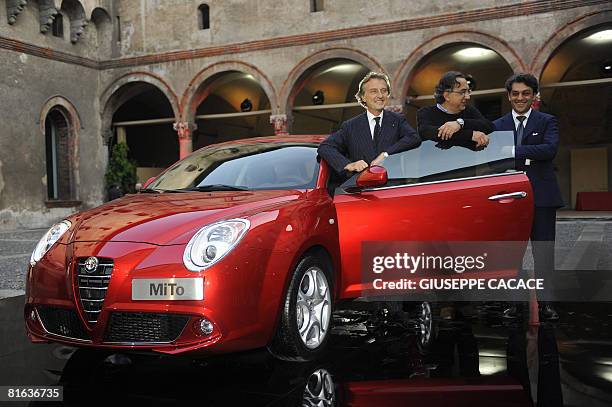 Fiat Chairman Luca Cordero Di Montezemolo, Fiat CEO Sergio Marchionne and Alfa Romeo CEO Luca Di Meo pose next to the new Alfa Romeo Mito car inside...