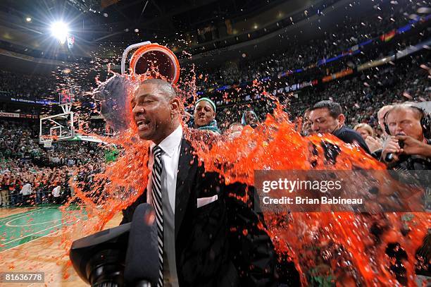 Paul Pierce dumps Gatorade on head coach Doc Rivers of the Boston Celtics after the Celtics defeated the Los Angeles Lakers in Game Six of the NBA...