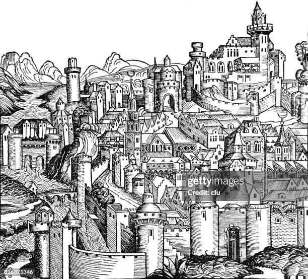ilustrações de stock, clip art, desenhos animados e ícones de phantasy city from hartmann schedels weltchronik, 15 th century - hartmann schedel weltchronik