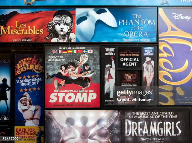 london theatre posters on a wall - westend stock pictures, royalty-free photos & images