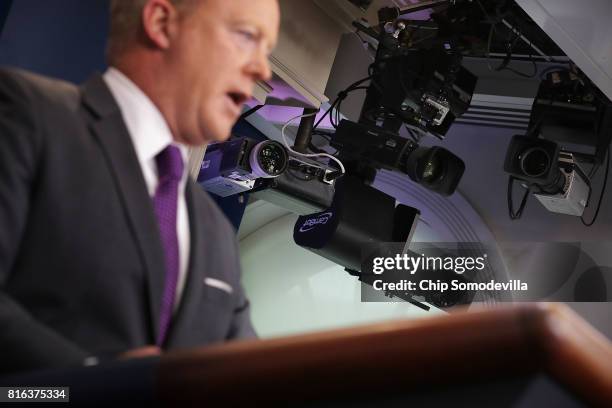 White House Press Secretary Sean Spicer speaks to reporters during an off-camera briefing in the Brady Press Briefing Room at the White House July...