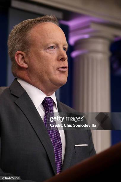 White House Press Secretary Sean Spicer speaks to reporters during an off-camera briefing in the Brady Press Briefing Room at the White House July...