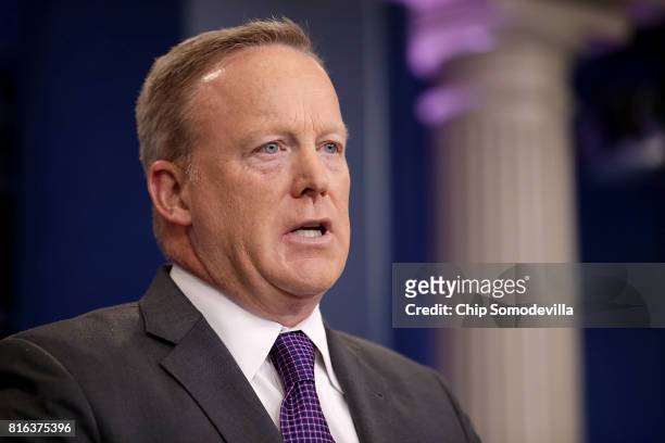 White House Press Secretary Sean Spicer speaks to reporters during an off-camera briefing in the Brady Press Briefing Room at the White House July...