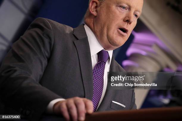 White House Press Secretary Sean Spicer speaks to reporters during an off-camera briefing in the Brady Press Briefing Room at the White House July...