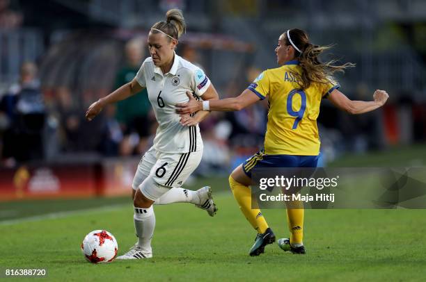 Kristin Demann of Germany and Kosovare Asllani of Sweden compete for the ball during the Group B match between Germany and Sweden during the UEFA...