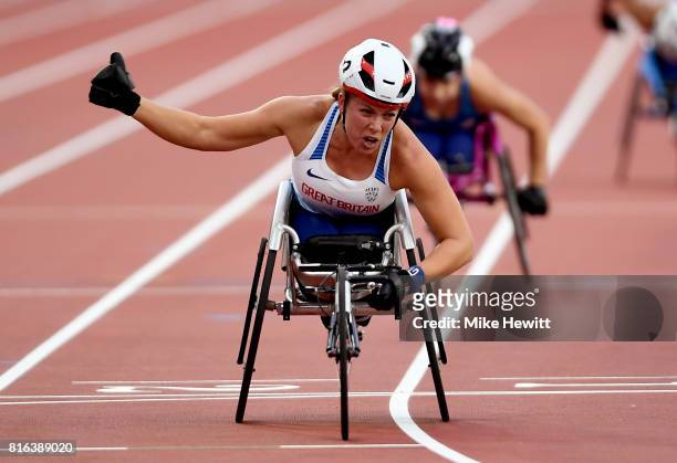Hannah Cockroft of Great Britain crosses the line to win the Women's 800m T34 Final during day four of the IPC World ParaAthletics Championships 2017...