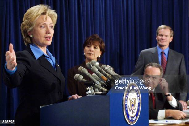 From left, Sen. Hillary Rodham Clinton , speaks as Sen. Barbara Boxer , Sen. Charles Schumer , front, and Sen. Bill Nelson , back, look on during a...
