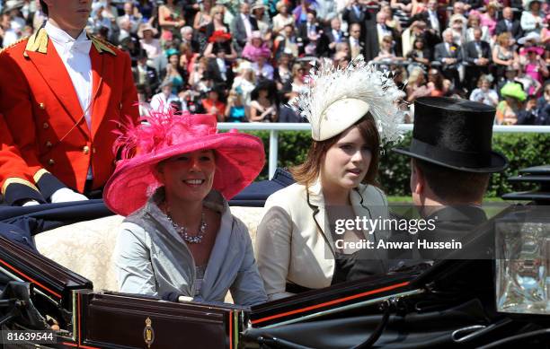 Mrs Peter Phillips and Princess Eugenie arrive in an open carriage during Ladies Day at Royal Ascot racecourse on June 19, 2008 in Ascot, England.