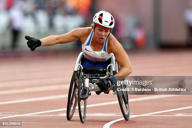 Hannah Cockcroft of Great Britain celebrates winning gold in the Women's 800m T34 Final during Day Four of the IPC World ParaAthletics Championships...