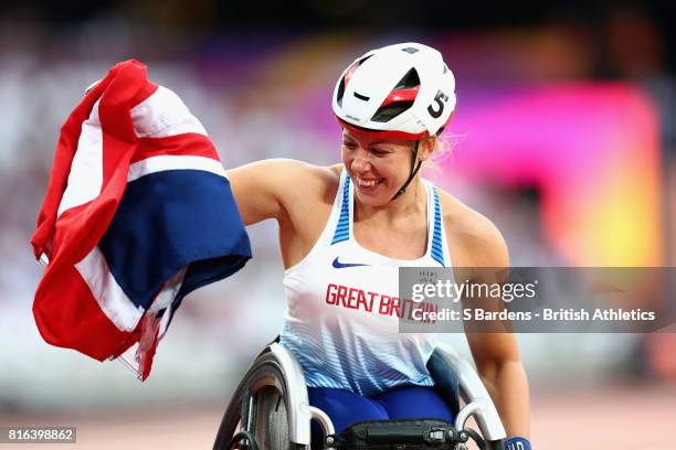 Hannah Cockcroft of Great Britain celebrates winning gold in the Women's 800m T34 Final during Day Four of the IPC World ParaAthletics Championships...