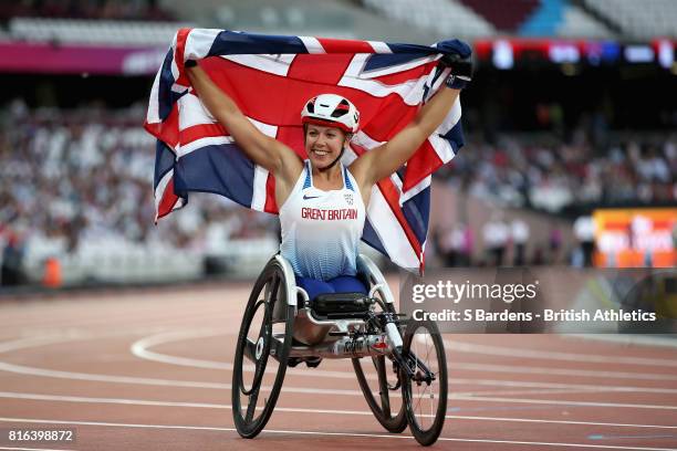 Hannah Cockcroft of Great Britain celebrates winning gold in the Women's 800m T34 Final during Day Four of the IPC World ParaAthletics Championships...